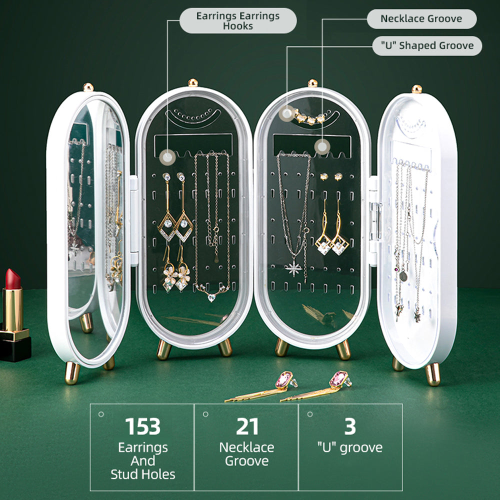Jewellery Storage Box Earrings Display Necklace Organizer 4 Doors Foldable Screen Green