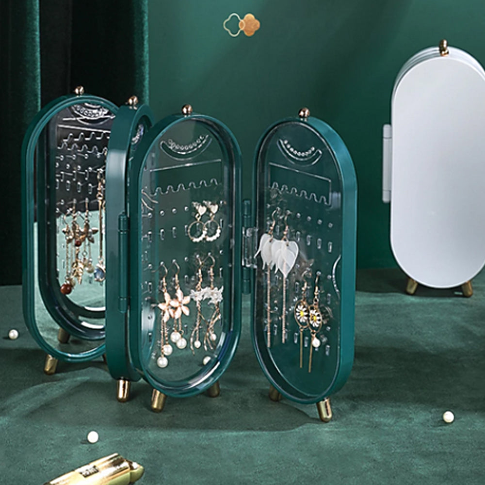 Jewellery Storage Box Earrings Display Necklace Organizer 4 Doors Foldable Screen Green