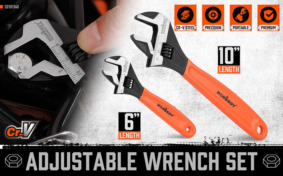 2x Adjustable Wrench Set 6" 10" Wide Jaw Spanner Cr-V Steel Workshop Metric SAE