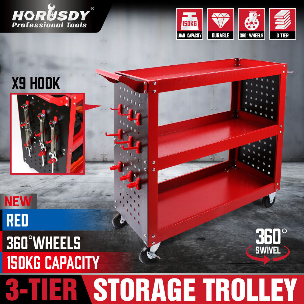 Red 3-Tier Tool Cart Storage Trolley Toolbox Workshop Garage Organiser 150kg Red