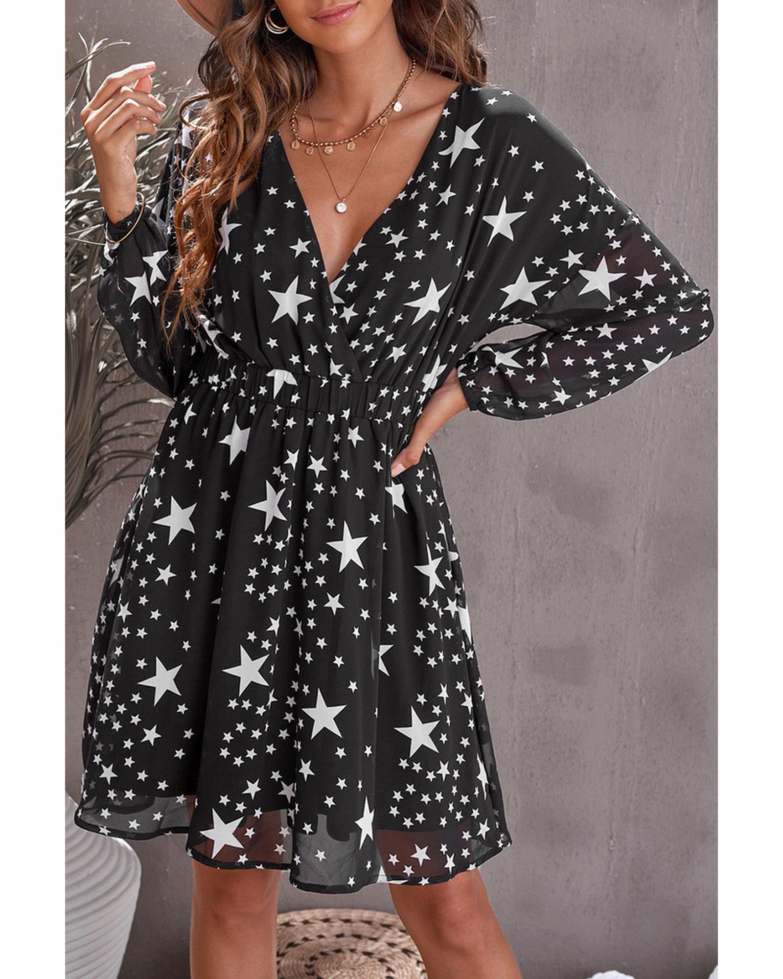 Star Pattern V Neck Tunic Dress - S