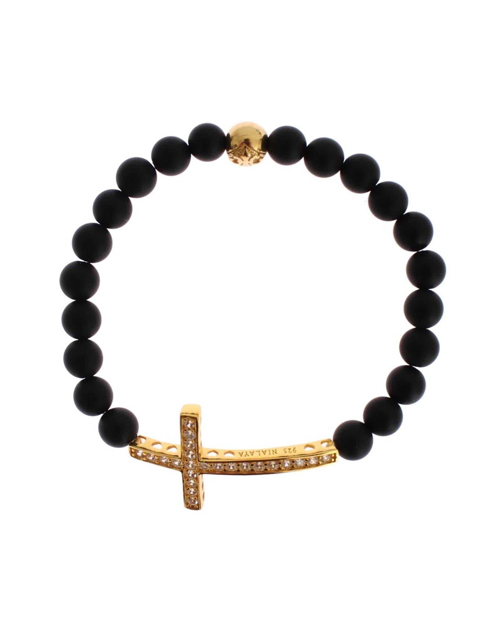 Authentic  Bracelet with Matte Onyx Beads and CZ Diamond Cross S Women