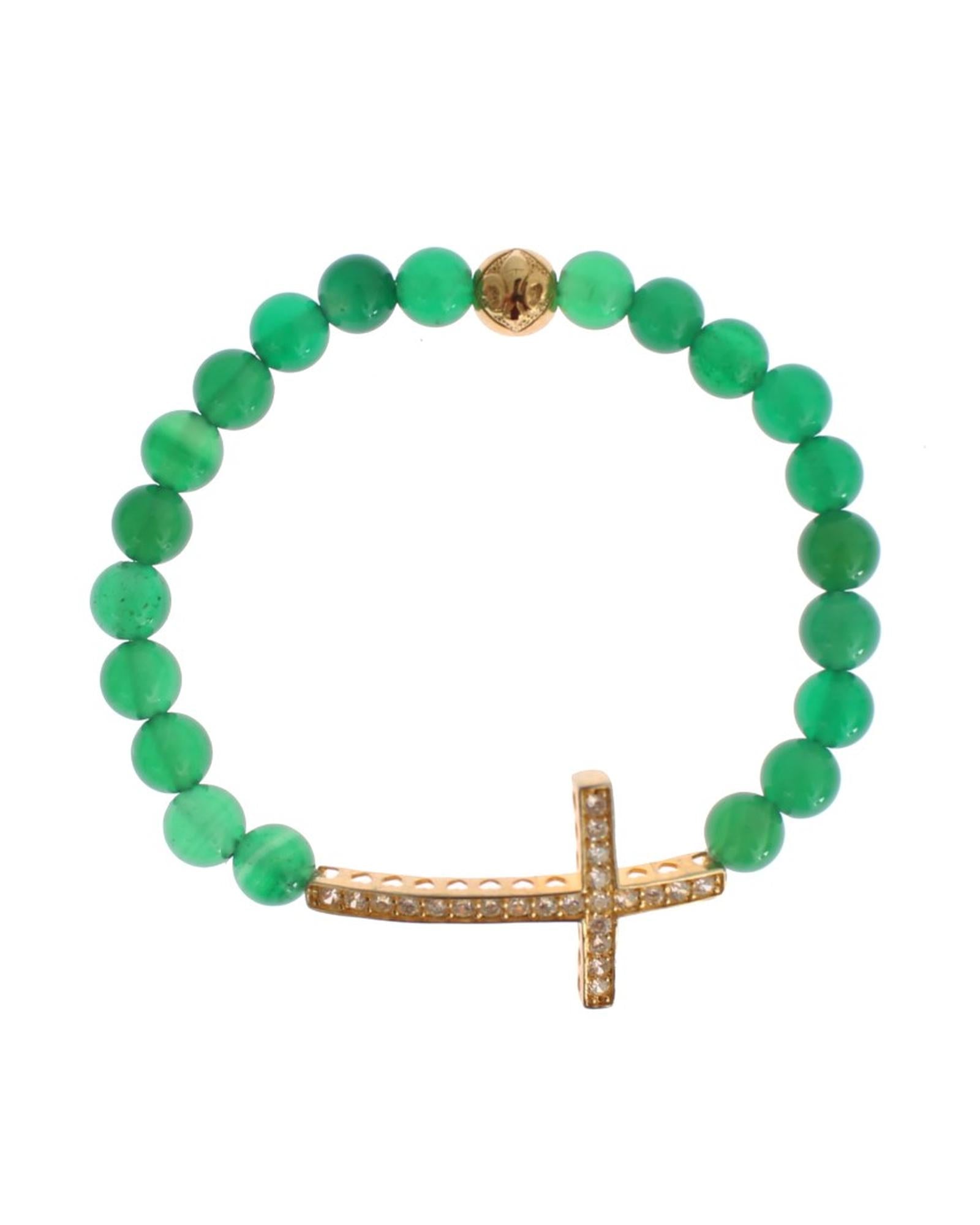 Green Jade Bead Bracelet with CZ Diamond Cross XS Women