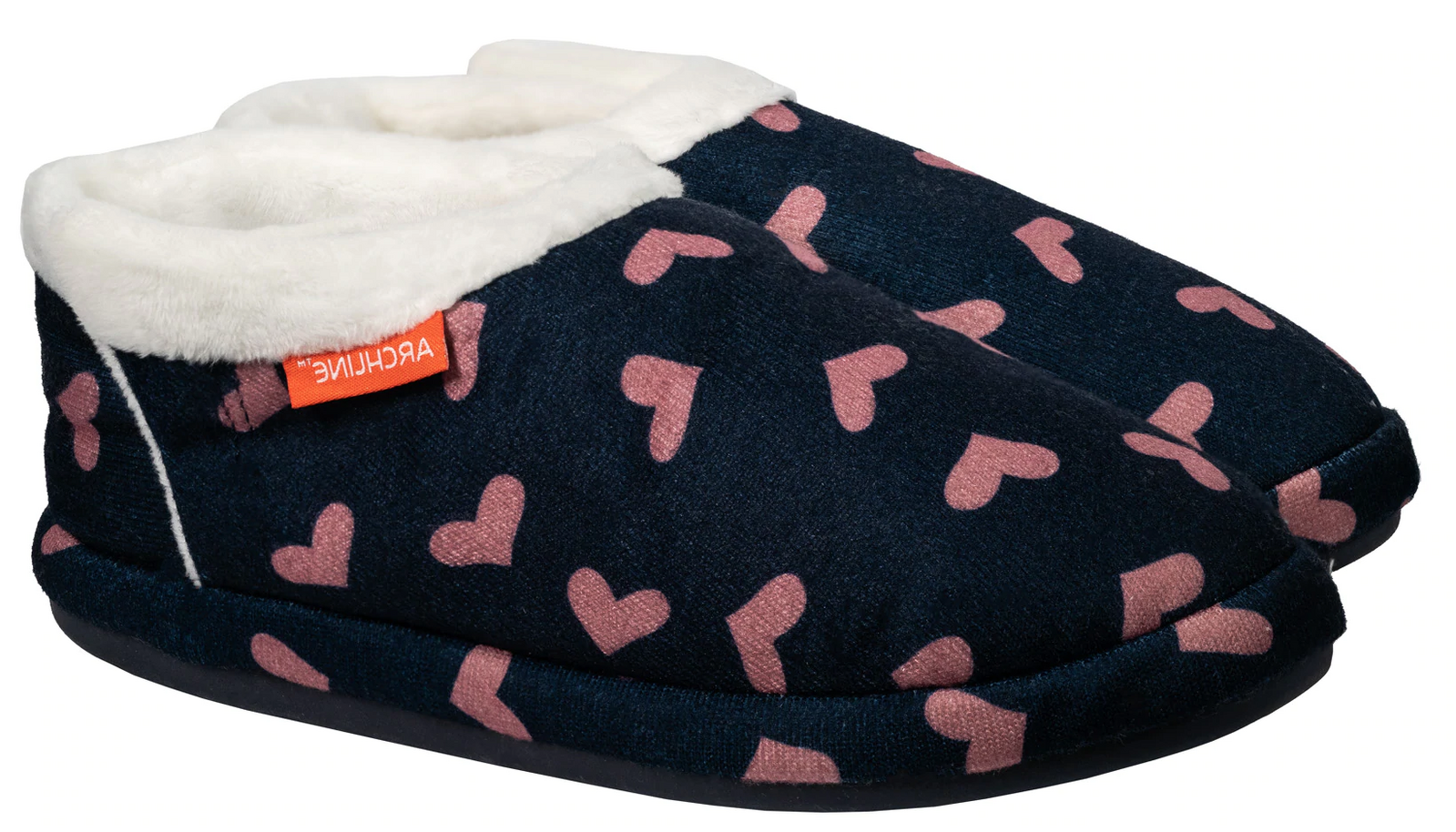 Orthotic Slippers CLOSED Arch Scuffs Moccasins Pain Relief - Navy with Hearts - EUR40