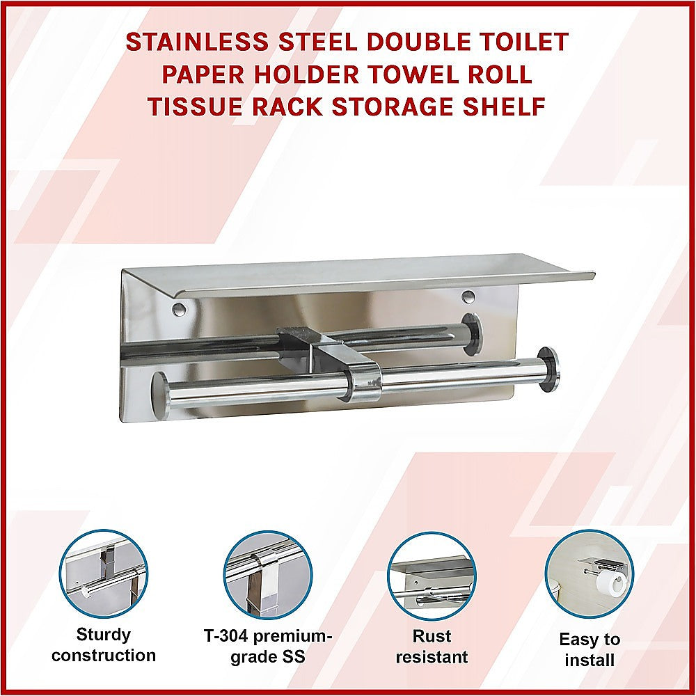 Stainless Steel Double Toilet Paper Holder Towel Roll Tissue Rack Storage Shelf