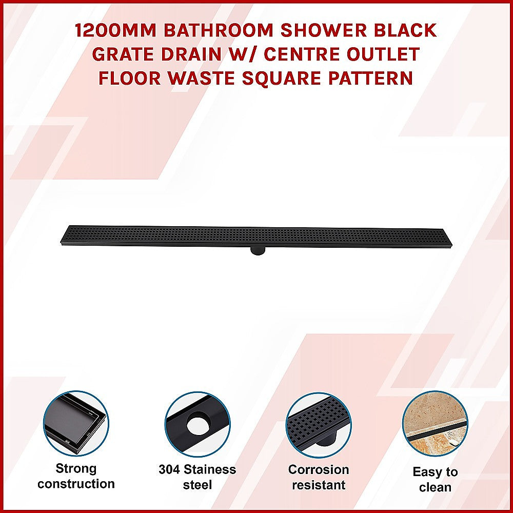 1200mm Bathroom Shower Black Grate Drain w/Centre outlet Floor Waste Square Pattern