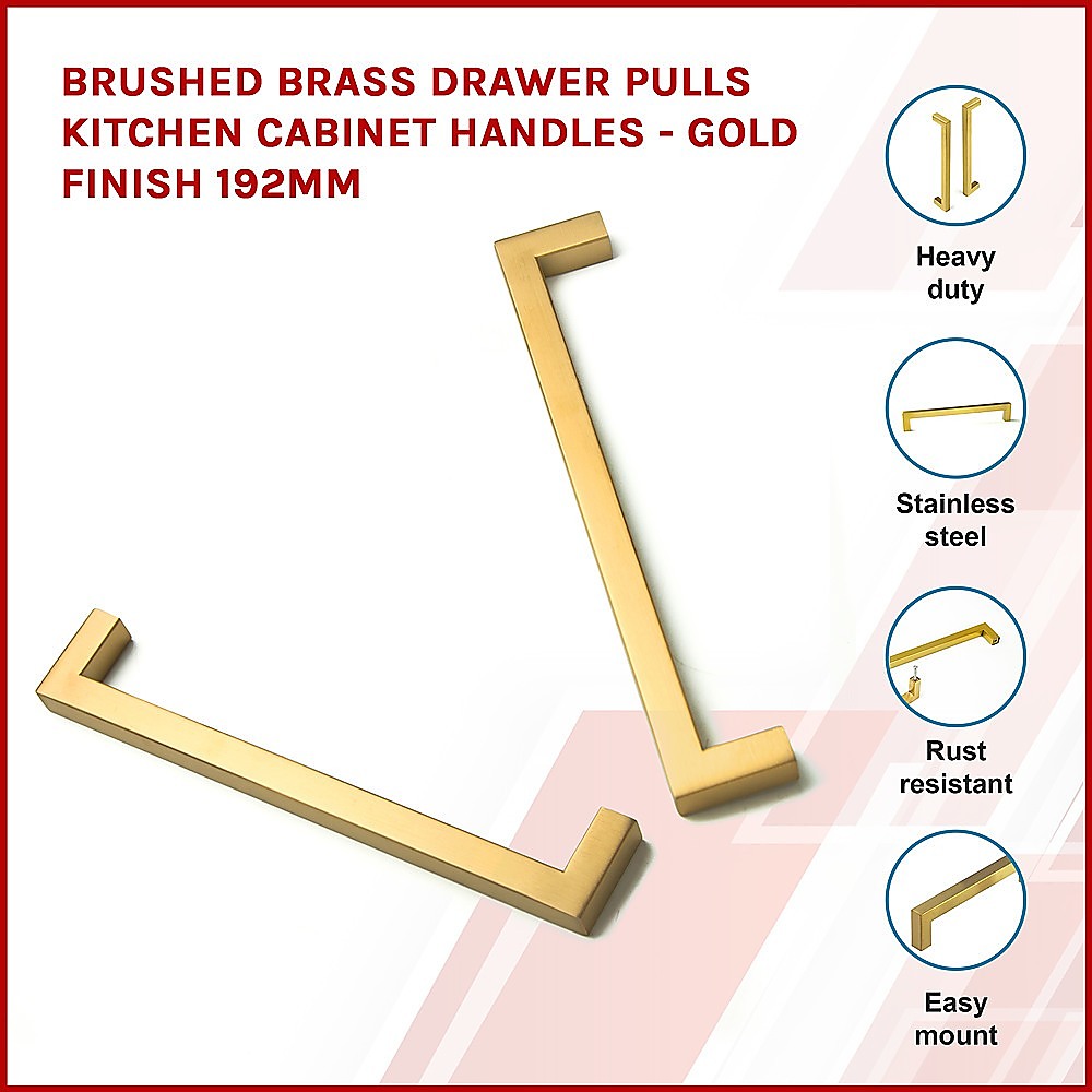 15 x Brushed Brass Drawer Pulls Kitchen Cabinet Handles - Gold Finish 192mm
