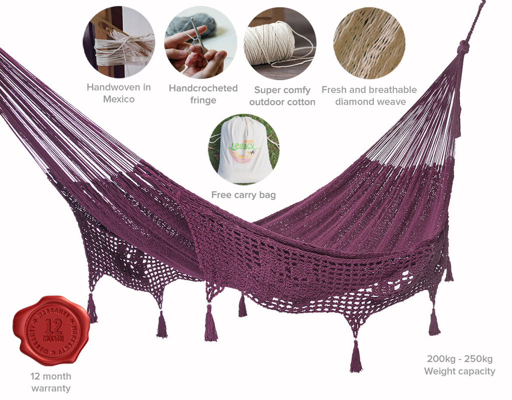 Outdoor undercover cotton  hammock with hand crocheted tassels King Size Maroon