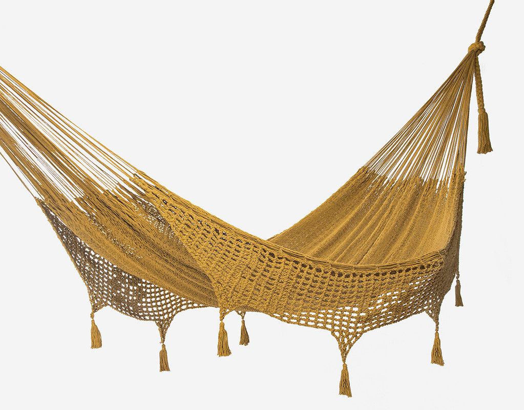 Outdoor undercover cotton Mayan Legacy hammock with hand crocheted tassels King Size Mustard