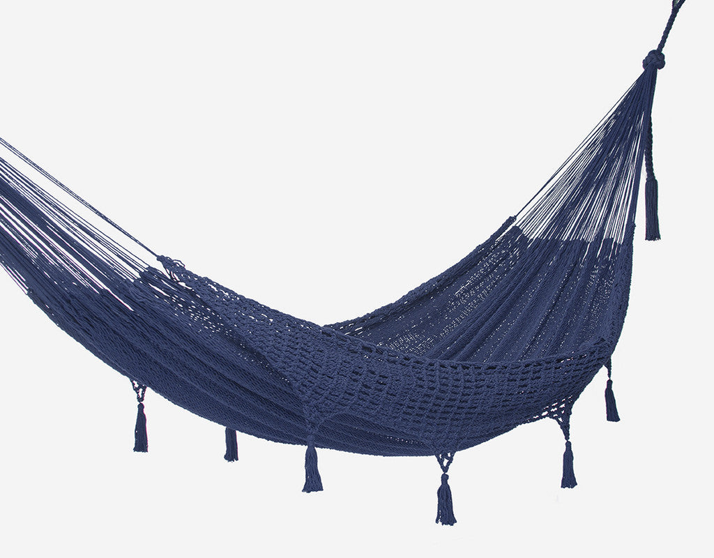 Outdoor undercover cotton  hammock with hand crocheted tassels Queen Size Blue