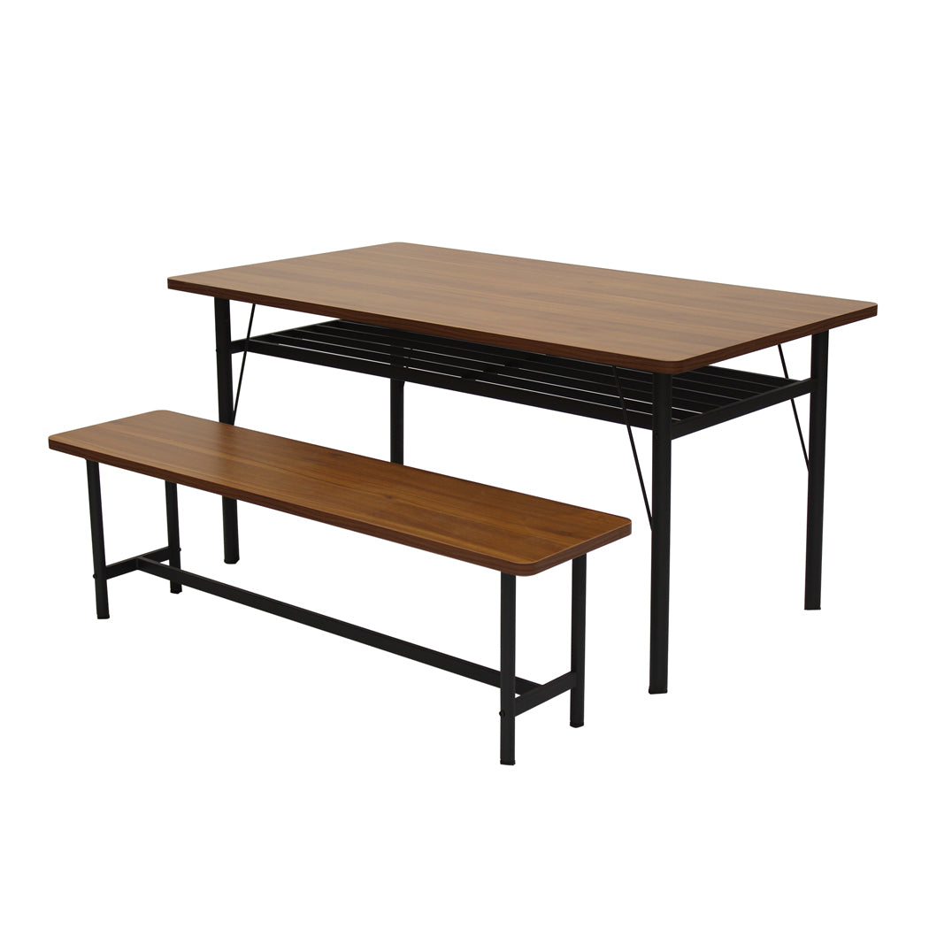 Levede 1x Dining Table +1x Bench Set Steel Home Kitchen Farmhouse Brown