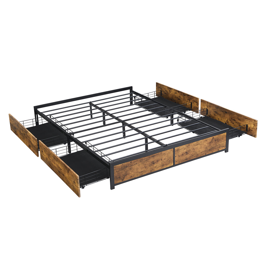 Metal Bed Frame Mattress Base Platform Wooden 4 Drawers Queen