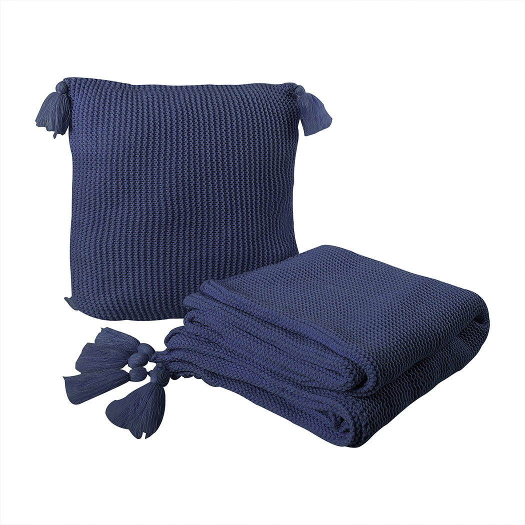 Knitting Throw Blanket Cushion Set Pillow Tassel Fringe Sofa Bed Rug Navy