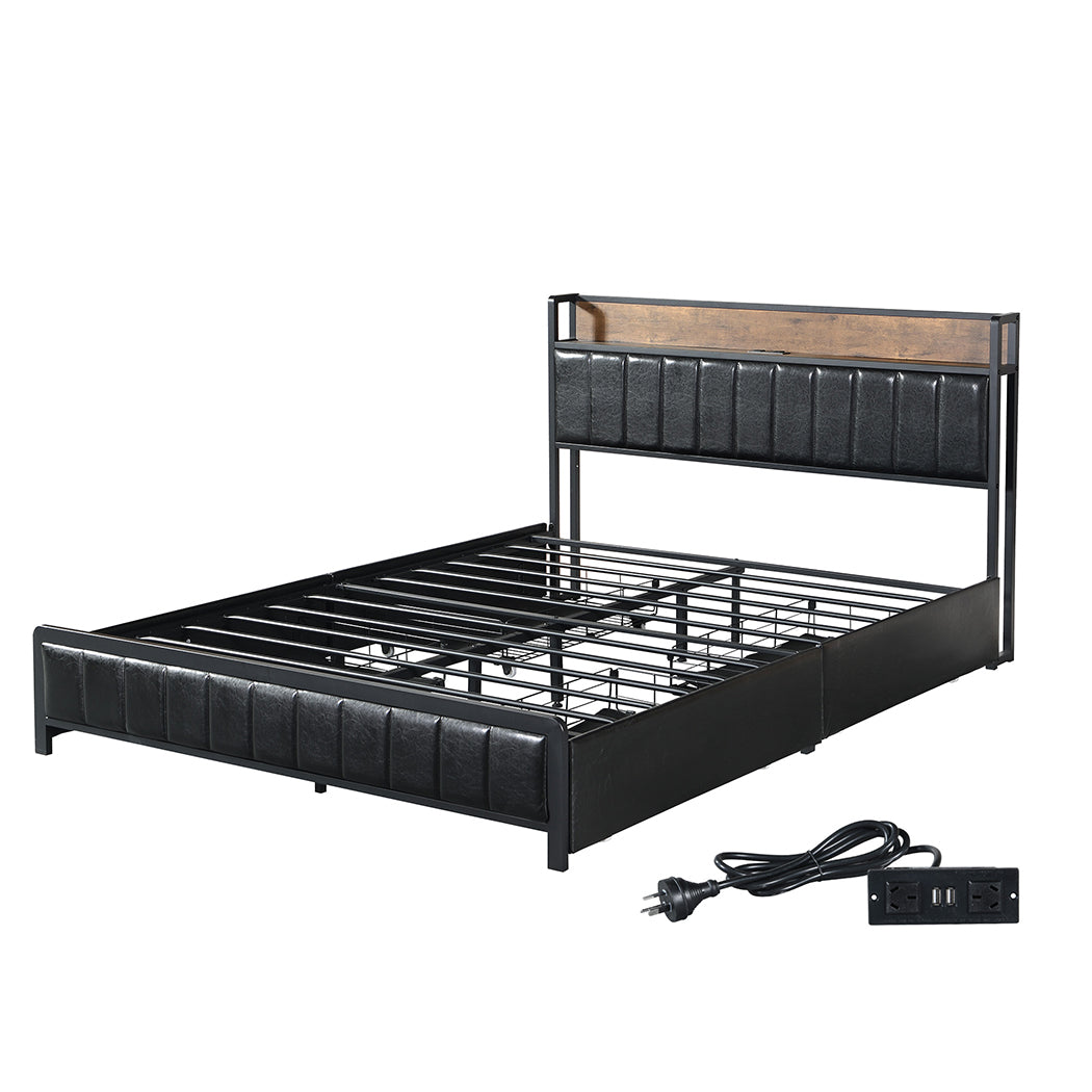 Levede Queen Bed Frame PU 4 Drawer USB Charge