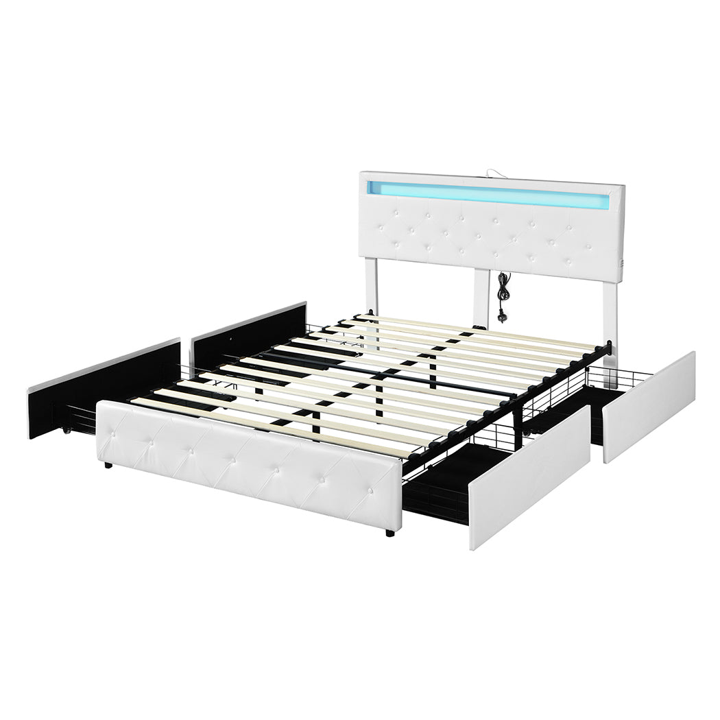 Levede Queen Bed Frame RGB LED PU 4 Drawer USB