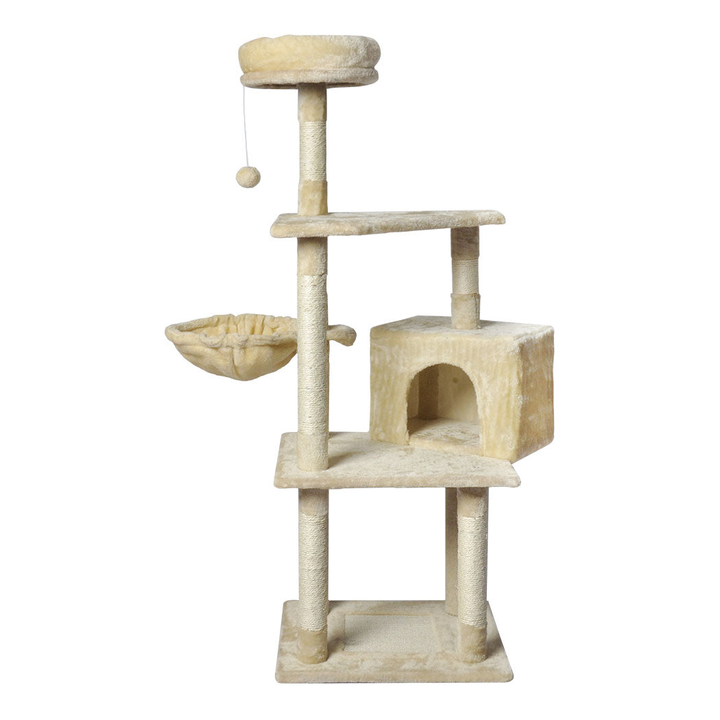 Cat Tree Toy Scratching Post Scratcher Tower Condo Wooden House Cream 130cm