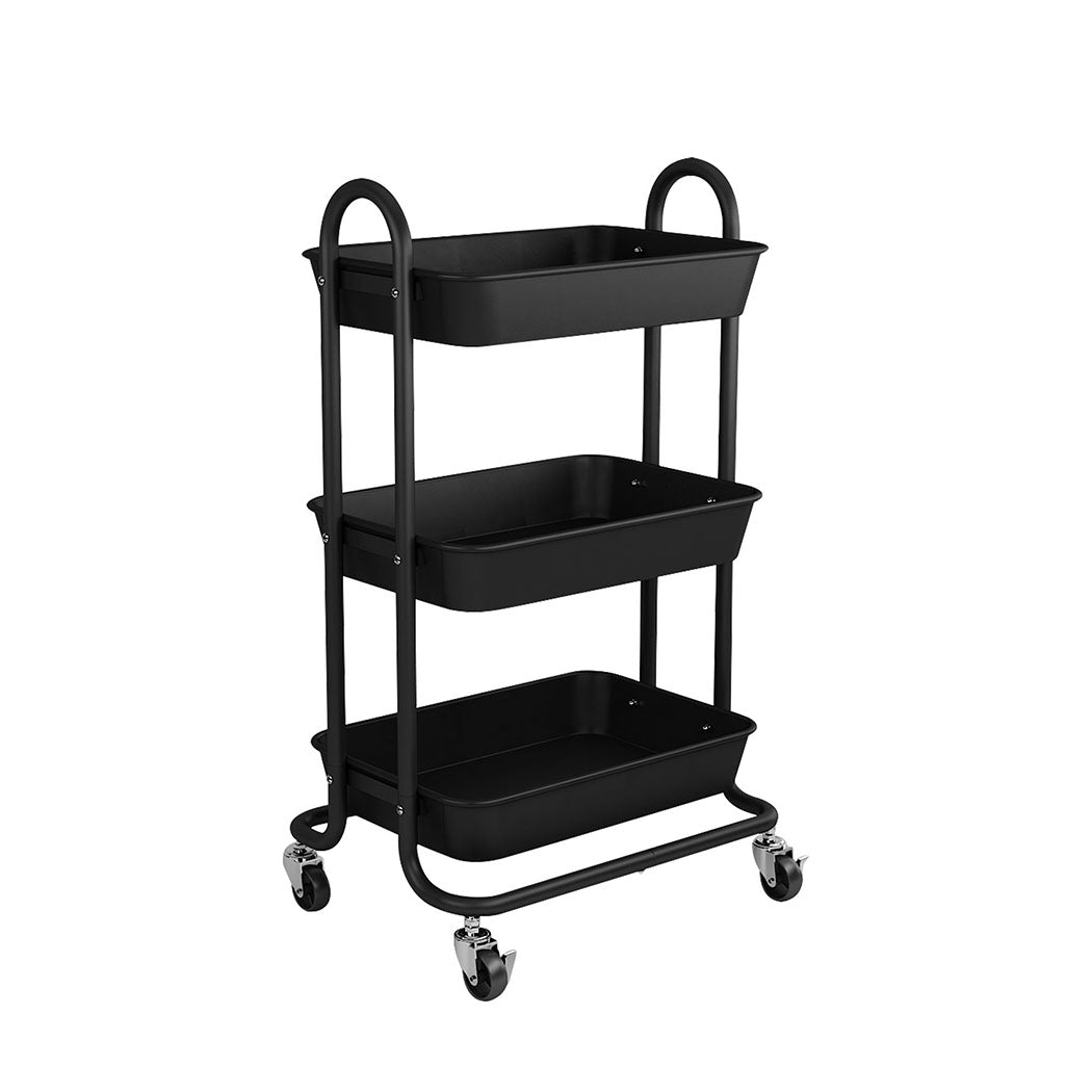 3 Tiers Kitchen Storage Trolley Cart Steel Rack Shelf Organiser Black