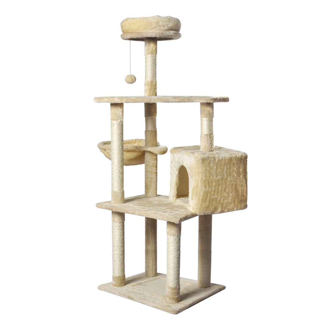 Cat Tree Toy Scratching Post Scratcher Tower Condo Wooden House Cream 130cm