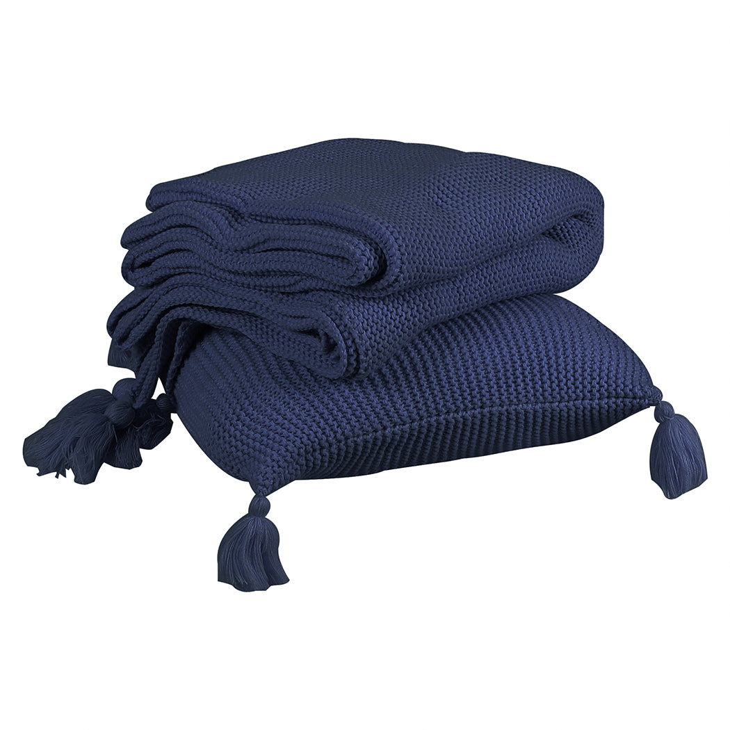 Knitting Throw Blanket Cushion Set Pillow Tassel Fringe Sofa Bed Rug Navy