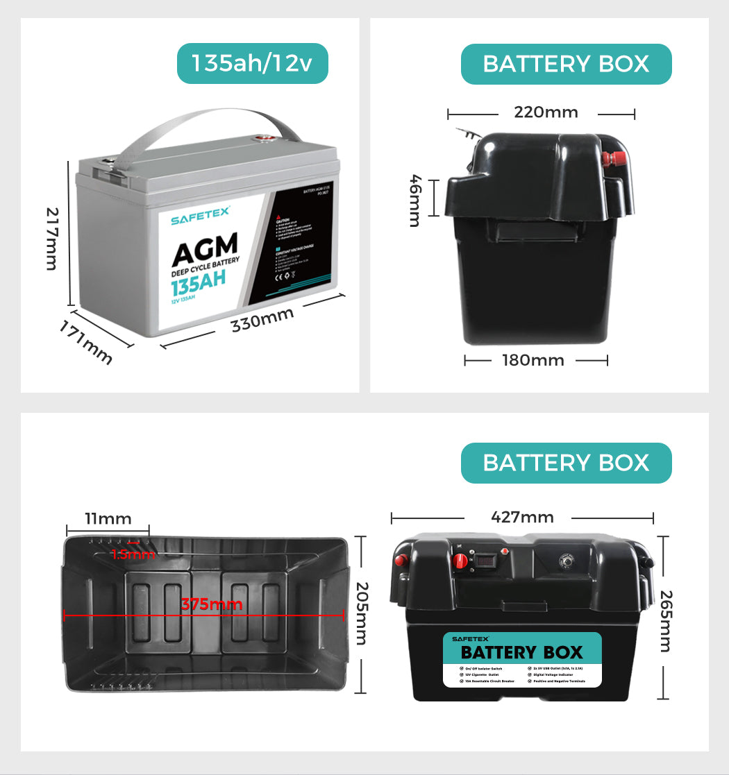 12V 135Ah AGM Battery Outdoor Rv Marine 4WD Deep Cycle & W/ Strap Battery Box