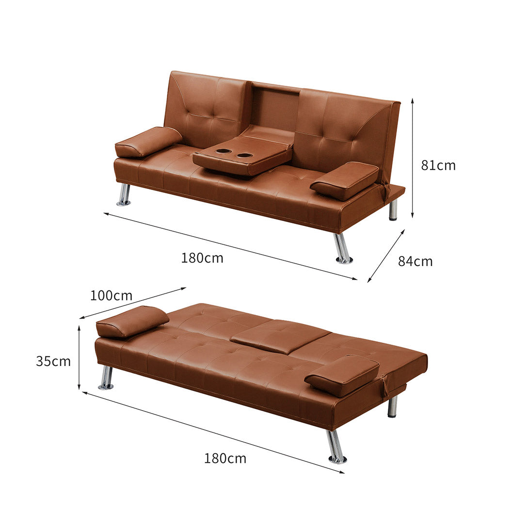 Adjustable Sofa Bed Lounge Futon Couch Leather Beds 3 Seater Cup Holder Recliner Brown