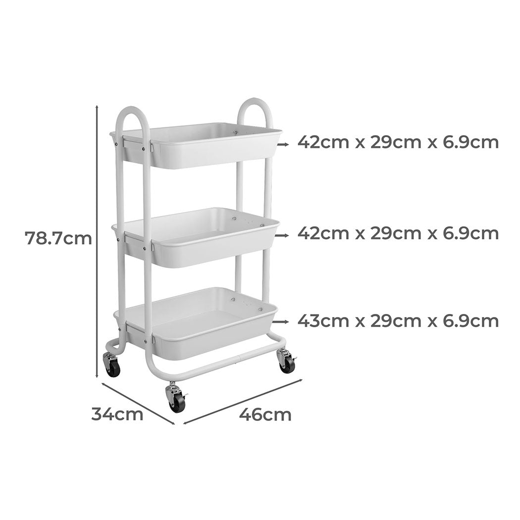 3 Tiers Kitchen Storage Trolley Cart Steel Rack Shelf Organiser White