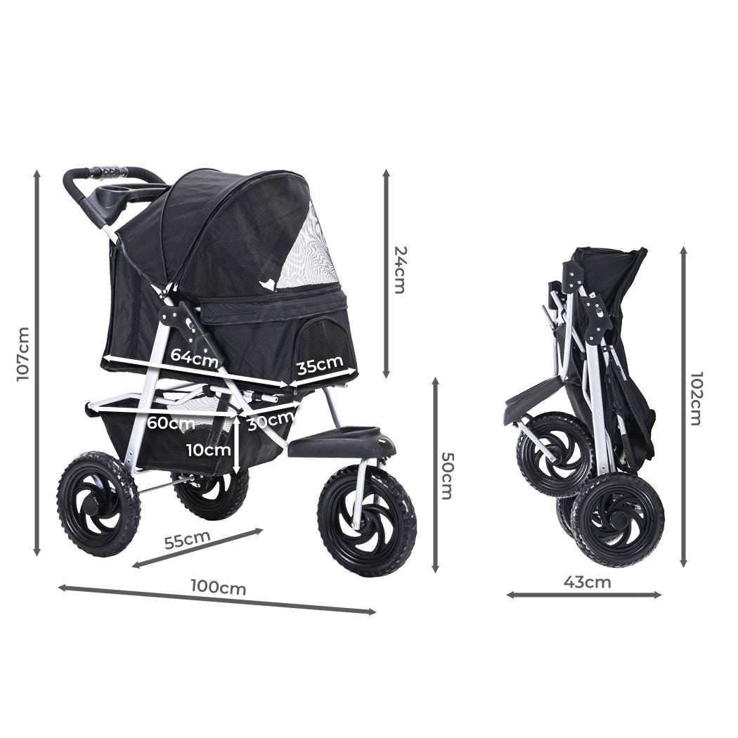 Pet Stroller Pram Dog Carrier Trailer Strollers 3 Wheels Foldable Large