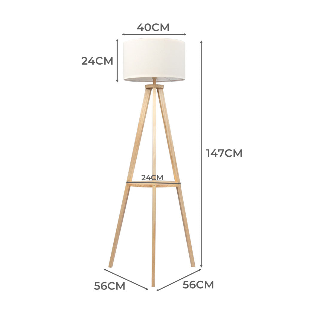 Tripod Floor Lamp with Rack Wooden Modern Reading Light Night Home Decor