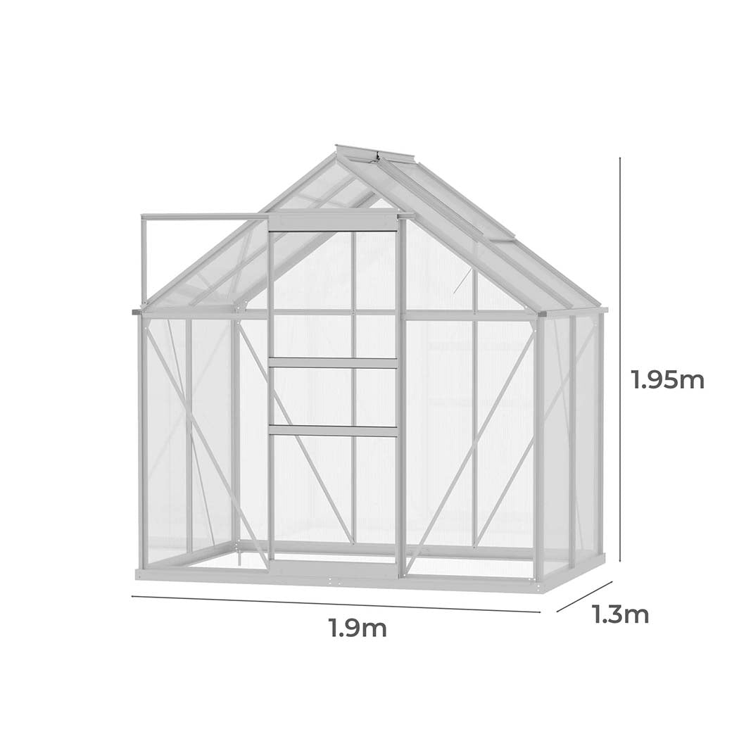 Greenhouse Aluminium Walk In Green House Garden Plant Shed PC 1.3x1.9x1.95m