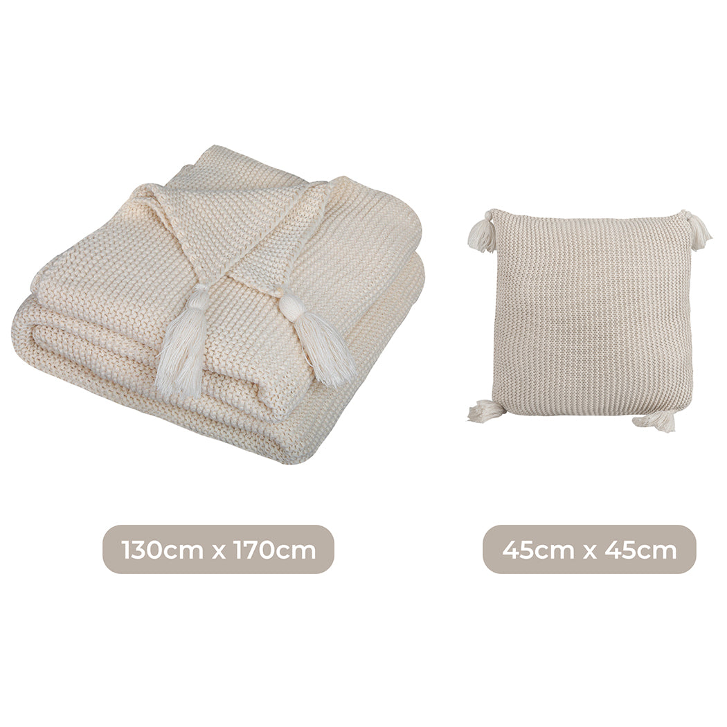 Knitting Throw Blanket Cushion Set Pillow Tassel Fringe Sofa Bed Ivory