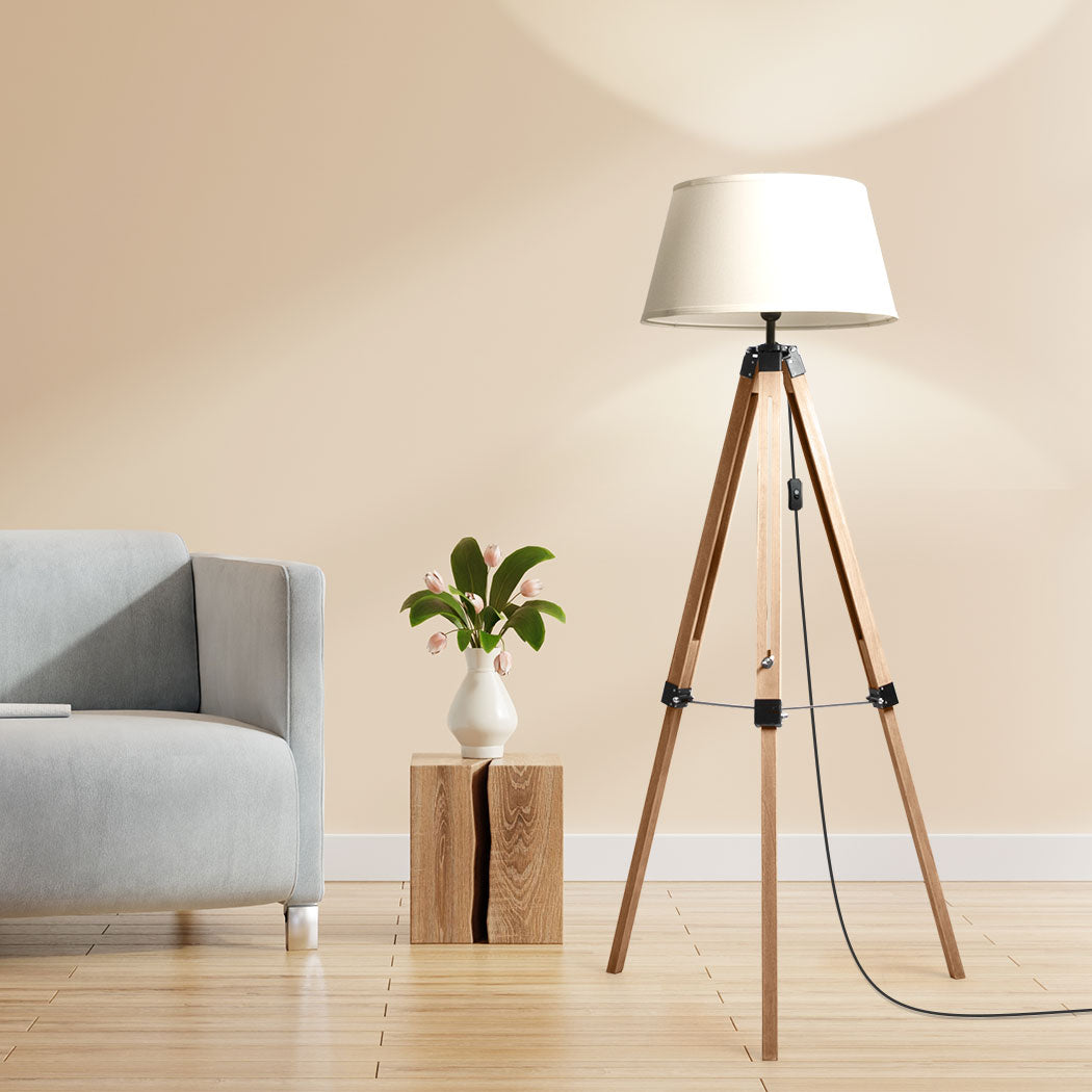 Tripod Wooden Floor Lamp Shaded Reading Light Adjustable Stand Home Decor