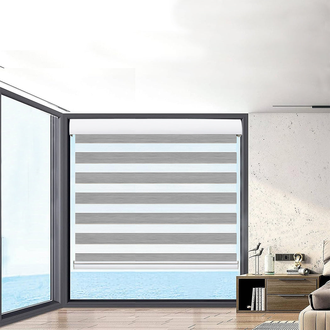 Blackout Zebra Roller Blind Curtains Double Window Sunshade 210x210 Grey