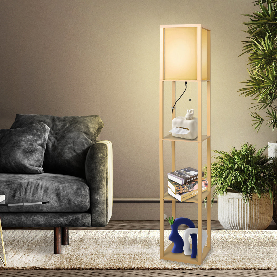 Floor Lamp LED Storage Shelf 3 Tier Wood Standing Reading Corner Light