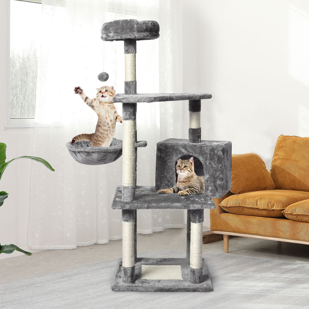 Cat Tree Toy Scratching Post Scratcher Tower Condo Wooden House Grey 130cm