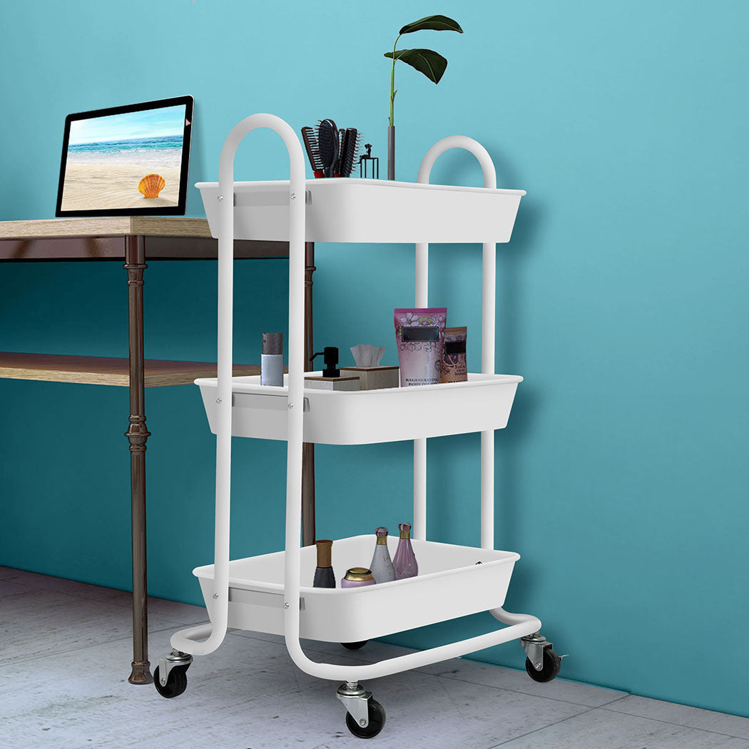 3 Tiers Kitchen Storage Trolley Cart Steel Rack Shelf Organiser White