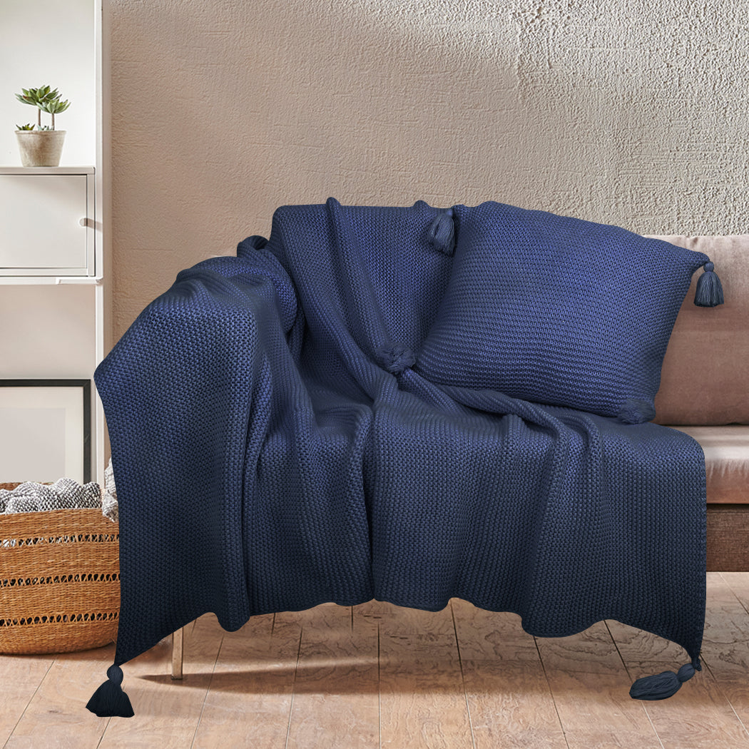 Knitting Throw Blanket Cushion Set Pillow Tassel Fringe Sofa Bed Rug Navy