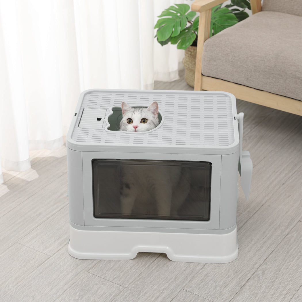 Foldable Cat Litter Box Tray Enclosed Kitty Toilet Hood Hair Grooming Grey