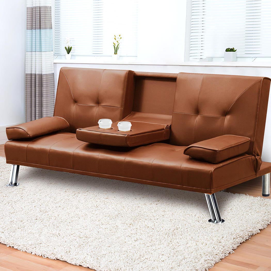 Adjustable Sofa Bed Lounge Futon Couch Leather Beds 3 Seater Cup Holder Recliner Brown