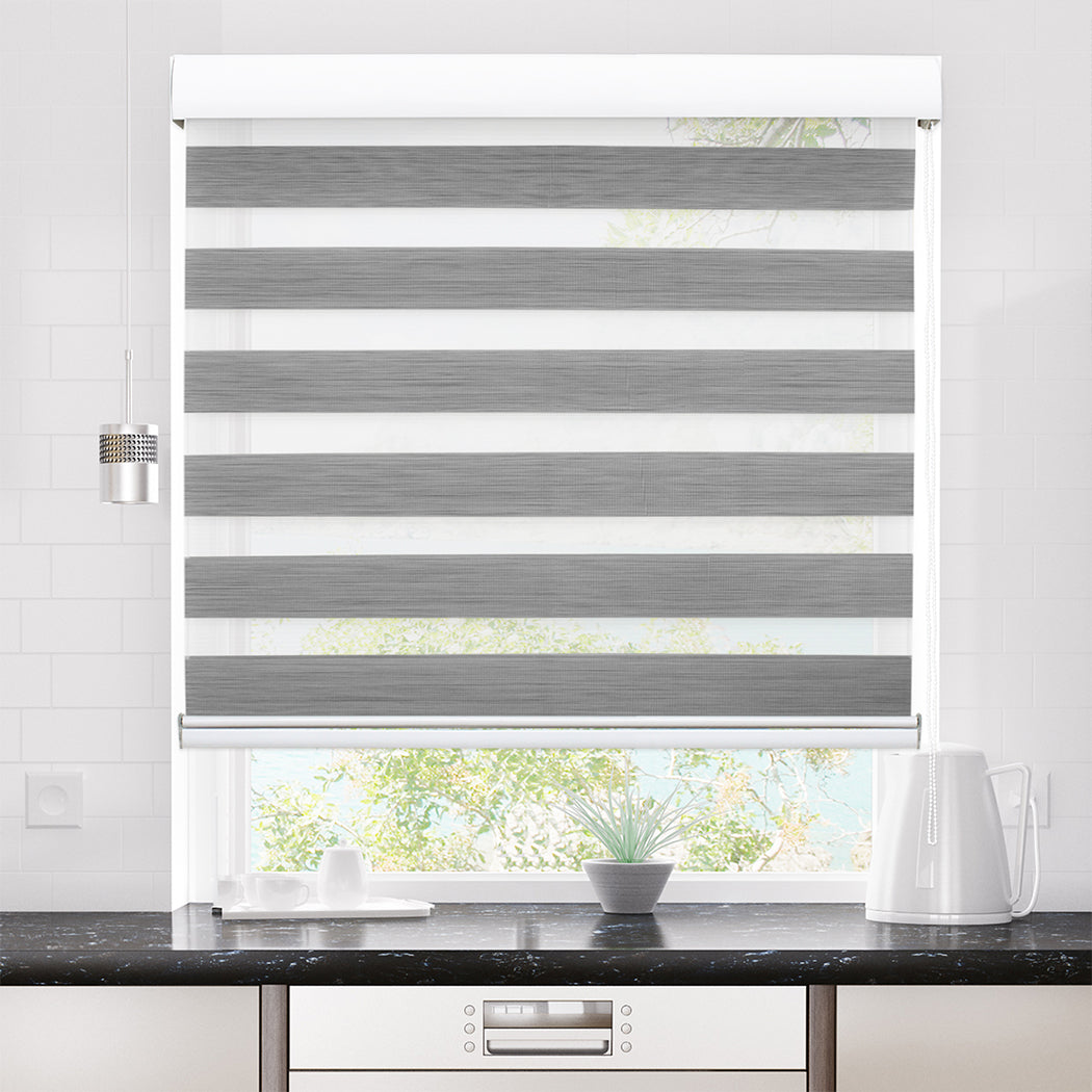 Blackout Zebra Roller Blind Curtains Double Window Sunshade 90x210 Grey