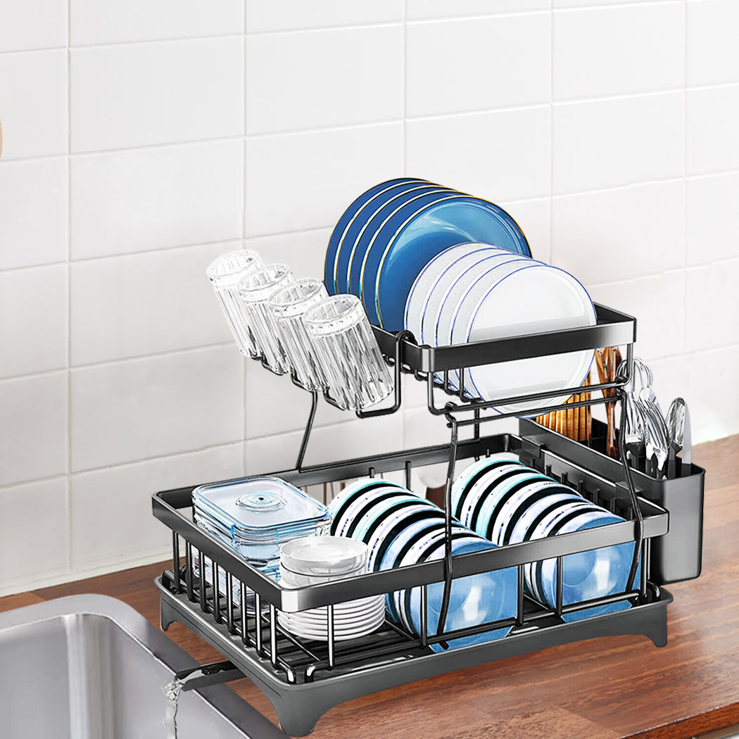 Detachable Dish Drying Rack Cutlery Organizer Drainer Board  2 Tier Black