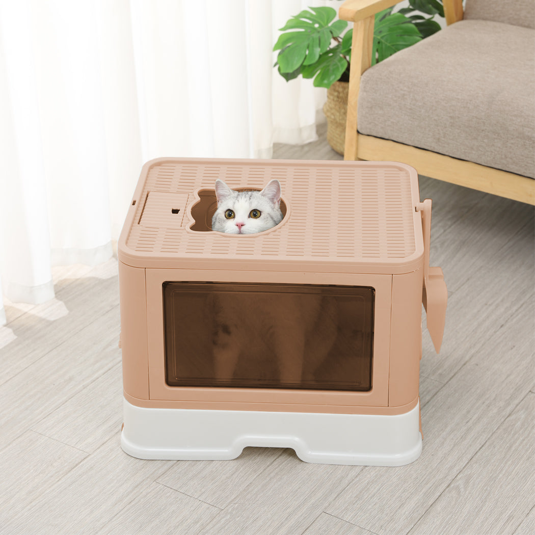 Foldable Cat Litter Box Tray Enclosed Kitty Toilet Hood Hair Grooming Pink