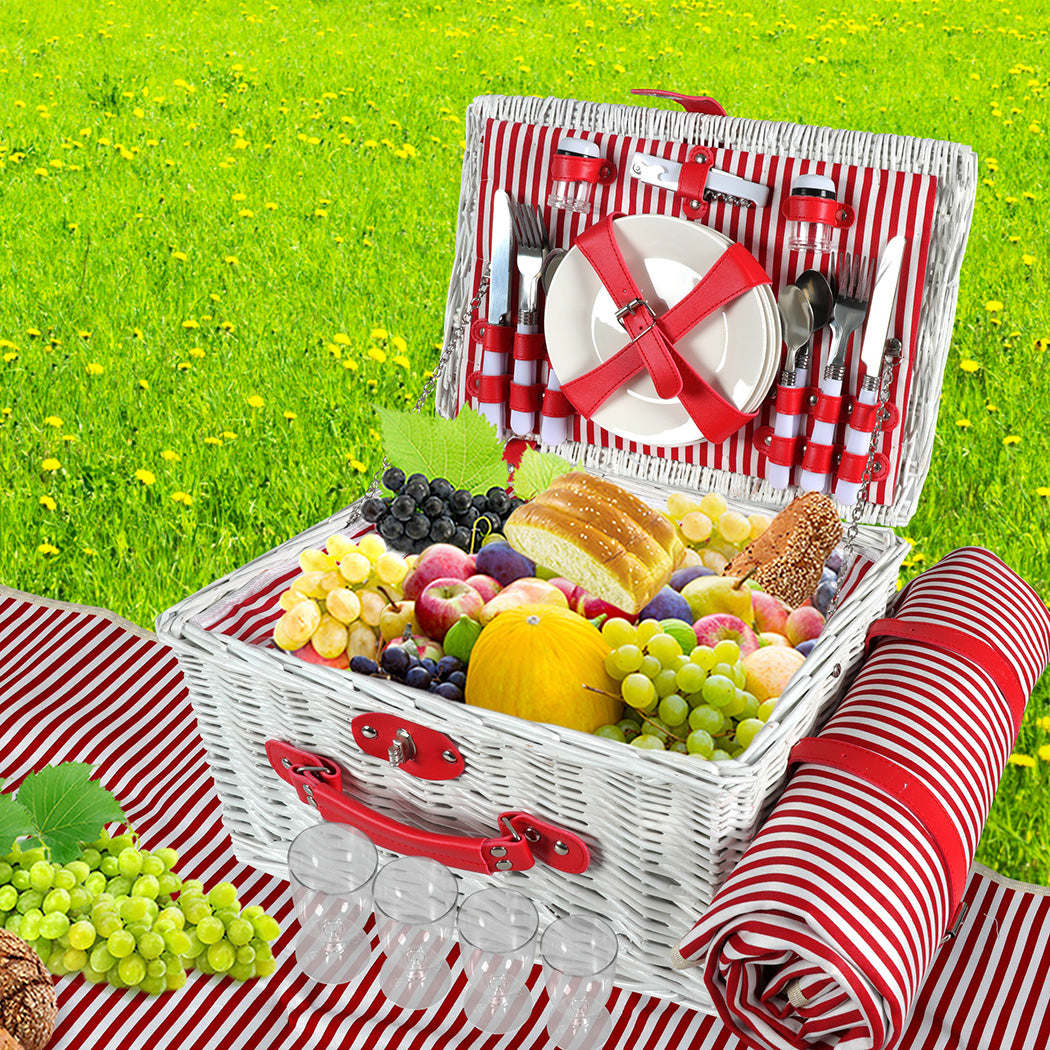 Picnic Basket Set Baskets 4 Person Wicker Outdoor Insulated Cooler Bag Blanket