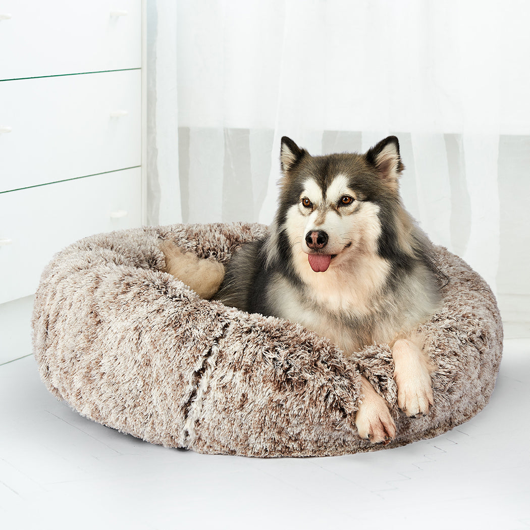 Pet Bed Cat Dog Donut Nest Calming Mat Soft Plush Kennel Brown Size XL