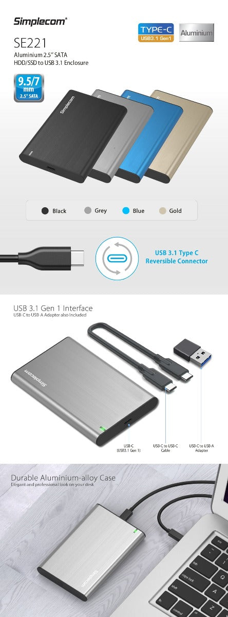 SE221 Aluminium 2.5'' SATA HDD/SSD to USB 3.1 Enclosure Gold